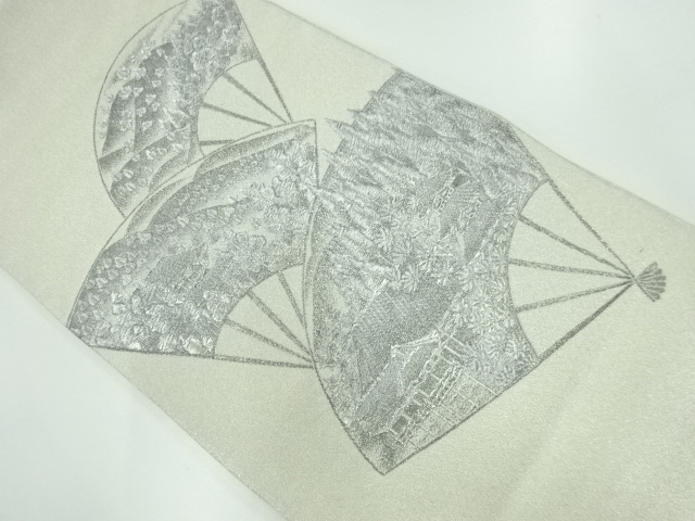 リサイクル　プラチナ箔綴れ扇に寺塔・遠山風景模様織出し袋帯